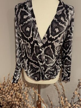 Guess Black and White Snake-Print V-Neck Wrap Sweater